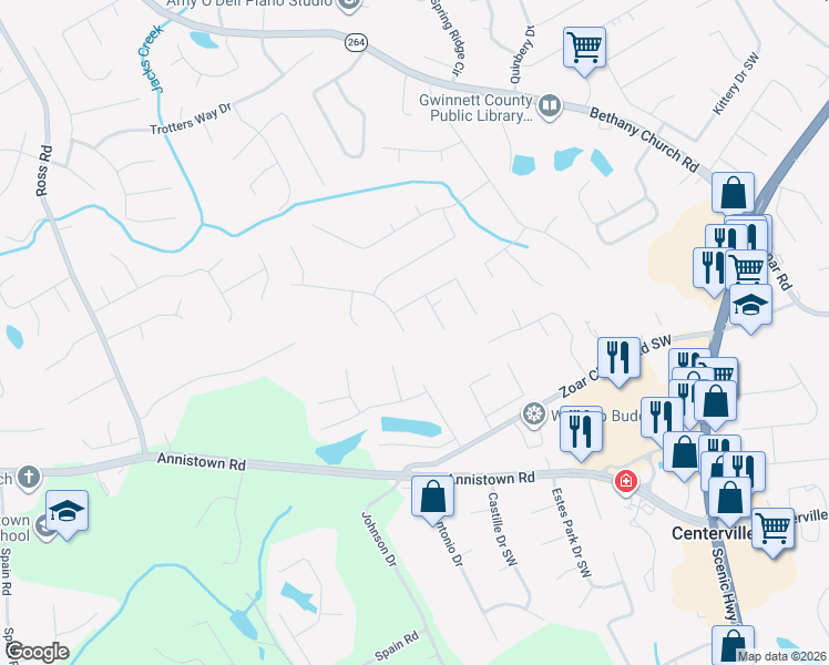map of restaurants, bars, coffee shops, grocery stores, and more near 3166 Malvern Drive in Snellville