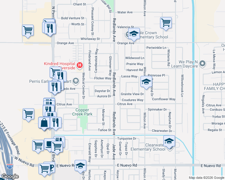 map of restaurants, bars, coffee shops, grocery stores, and more near 2077 Sunburst Drive in Perris
