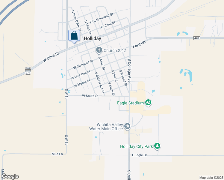 map of restaurants, bars, coffee shops, grocery stores, and more near West Sycamore Street in Holliday