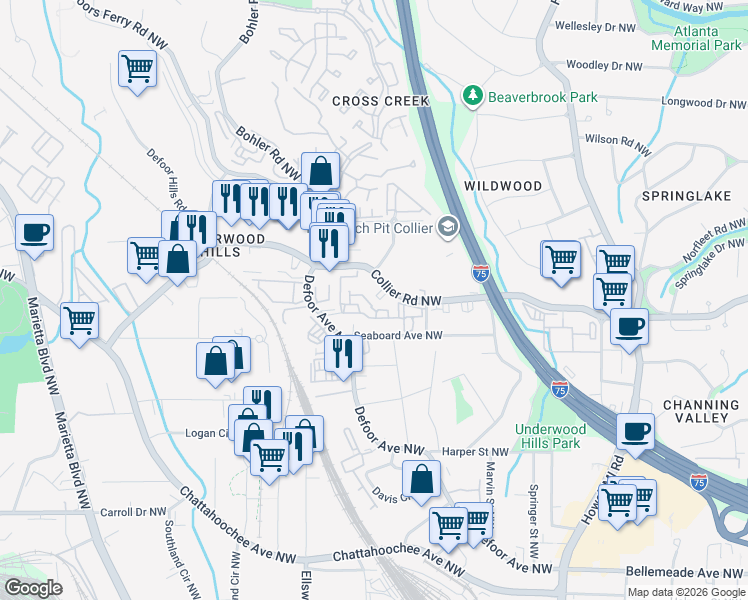 map of restaurants, bars, coffee shops, grocery stores, and more near 1150 Collier Road Northwest in Atlanta