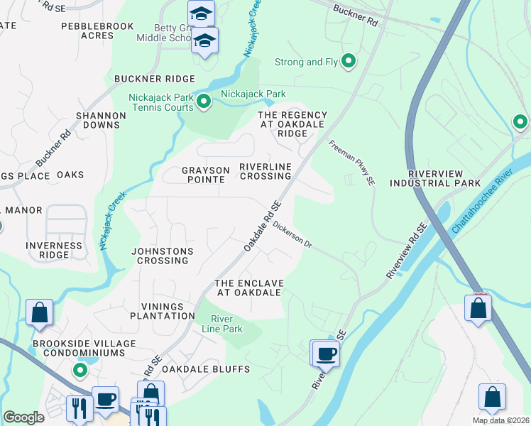 map of restaurants, bars, coffee shops, grocery stores, and more near 5855 Oakdale Road Southeast in Mableton