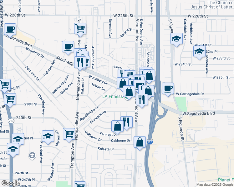 map of restaurants, bars, coffee shops, grocery stores, and more near 23718 Pasatiempo Lane in West Carson