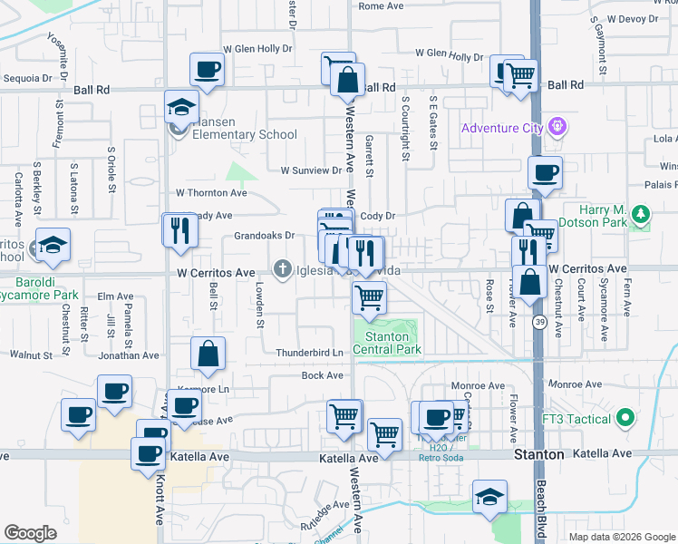 map of restaurants, bars, coffee shops, grocery stores, and more near 7449 Cerritos Avenue in Stanton