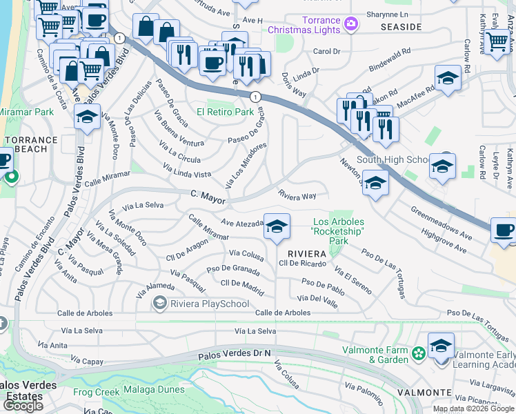 map of restaurants, bars, coffee shops, grocery stores, and more near 331 Vía El Chico in Redondo Beach