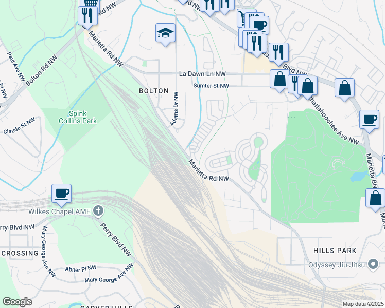 map of restaurants, bars, coffee shops, grocery stores, and more near 1952 Maritime Way in Atlanta