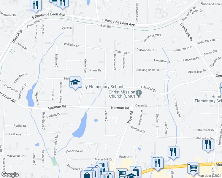 map of restaurants, bars, coffee shops, grocery stores, and more near 1077 Viking Drive in Stone Mountain