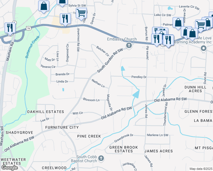 map of restaurants, bars, coffee shops, grocery stores, and more near 1712 Nathan Lane in Austell