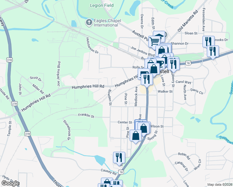 map of restaurants, bars, coffee shops, grocery stores, and more near 2966 Jefferson St in Austell