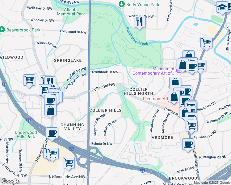map of restaurants, bars, coffee shops, grocery stores, and more near 2010 Walthall Dr NW in Atlanta