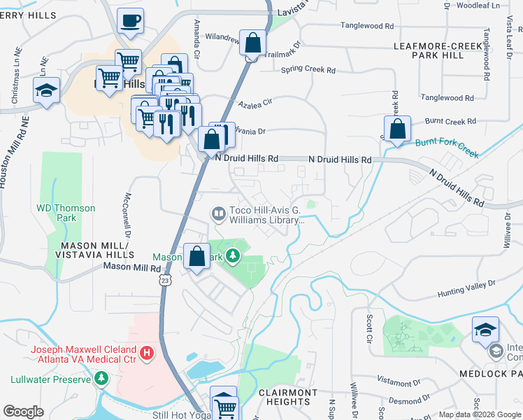map of restaurants, bars, coffee shops, grocery stores, and more near 1180 Warner Park Court in Decatur