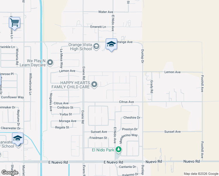 map of restaurants, bars, coffee shops, grocery stores, and more near 1340 Callista Way in Perris