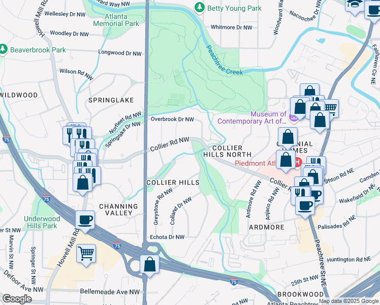 map of restaurants, bars, coffee shops, grocery stores, and more near 2010 Walthall Drive Northwest in Atlanta