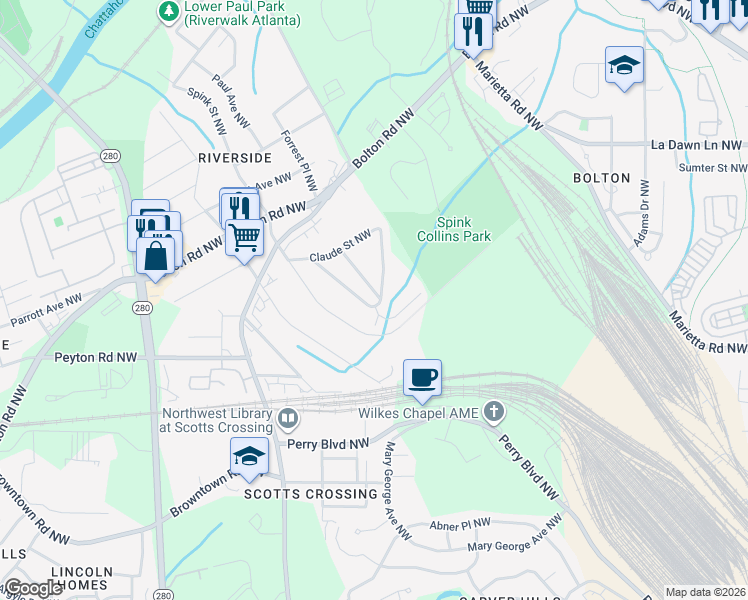 map of restaurants, bars, coffee shops, grocery stores, and more near 2392 Lowe Street Northwest in Atlanta