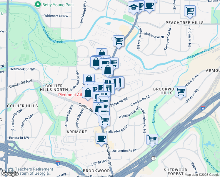 map of restaurants, bars, coffee shops, grocery stores, and more near 2035 Peachtree Road Northeast in Atlanta
