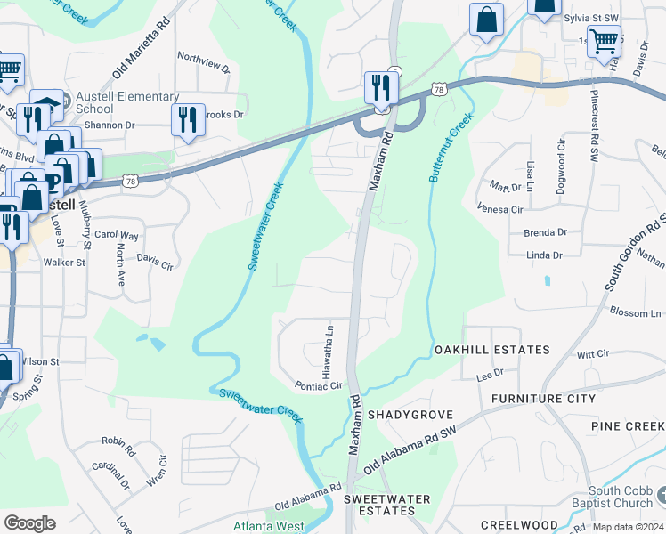 map of restaurants, bars, coffee shops, grocery stores, and more near 2279 Salt Springs Place in Austell