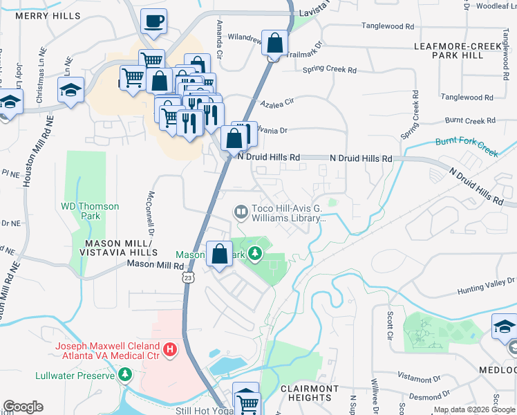 map of restaurants, bars, coffee shops, grocery stores, and more near 1110 Central Park Road in Decatur