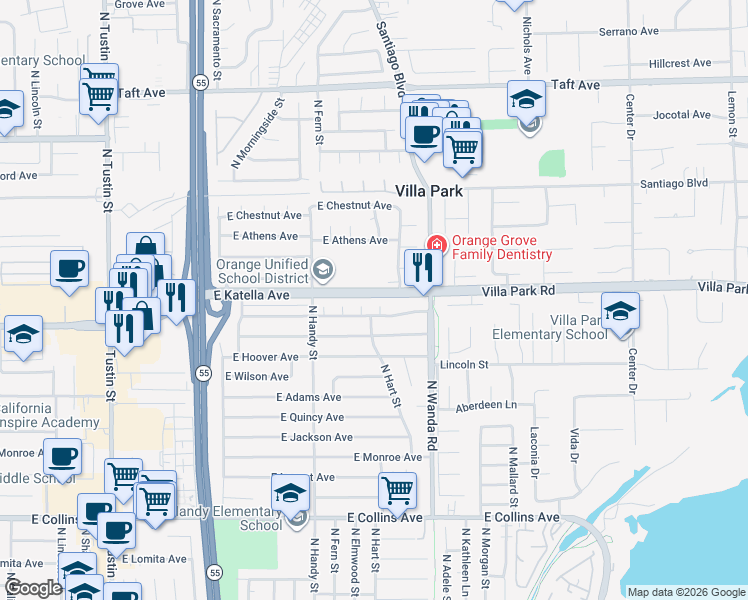 map of restaurants, bars, coffee shops, grocery stores, and more near 1327 North Reubens Circle in Orange