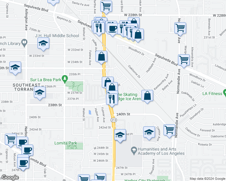 map of restaurants, bars, coffee shops, grocery stores, and more near 23714 California 213 in Los Angeles