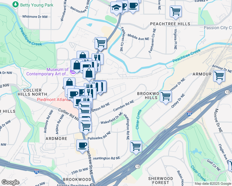 map of restaurants, bars, coffee shops, grocery stores, and more near 2043 Brookwood Valley Circle Northeast in Atlanta