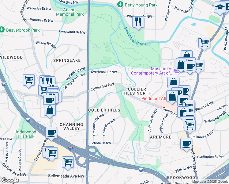 map of restaurants, bars, coffee shops, grocery stores, and more near 2010 Walthall Drive Northwest in Atlanta