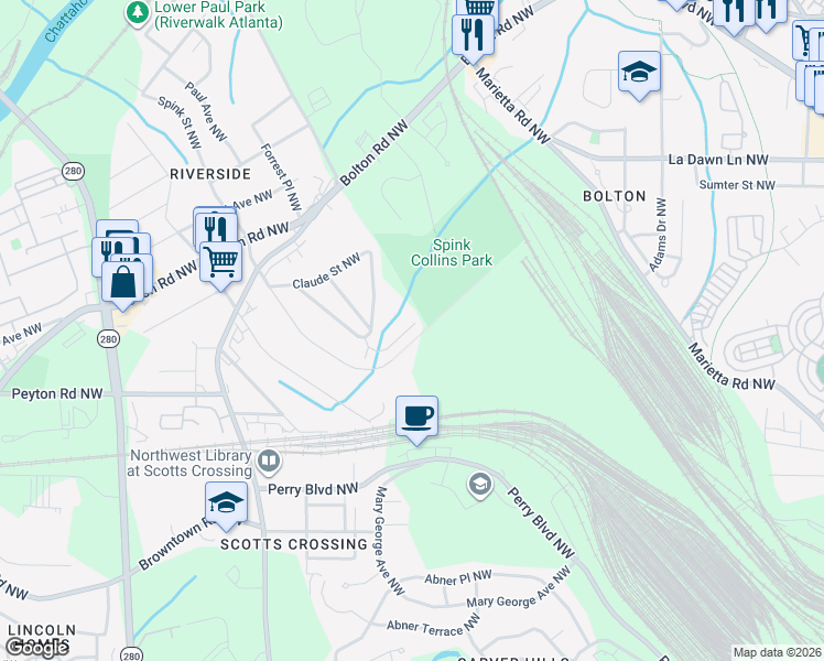 map of restaurants, bars, coffee shops, grocery stores, and more near 1909 Brantley Walk Lane in Atlanta