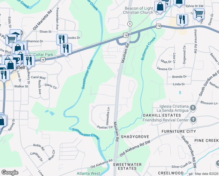 map of restaurants, bars, coffee shops, grocery stores, and more near 2279 Salt Springs Place in Mableton