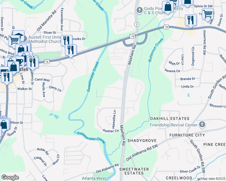 map of restaurants, bars, coffee shops, grocery stores, and more near 2279 Salt Springs Place in Austell