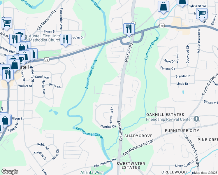 map of restaurants, bars, coffee shops, grocery stores, and more near 2301 Salt Springs Place in Austell