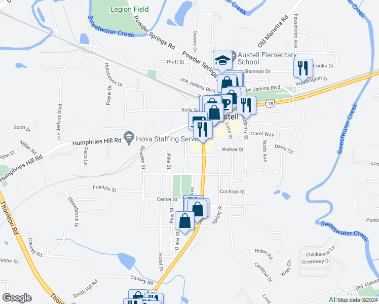 map of restaurants, bars, coffee shops, grocery stores, and more near 2858 Rosehill Street in Austell