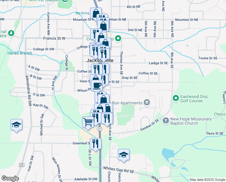 map of restaurants, bars, coffee shops, grocery stores, and more near 604 Church Ave SE in Jacksonville