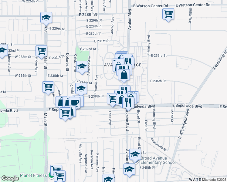 map of restaurants, bars, coffee shops, grocery stores, and more near 524 237th Street in Carson