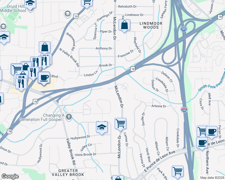 map of restaurants, bars, coffee shops, grocery stores, and more near 3119 Brick Lane in Decatur