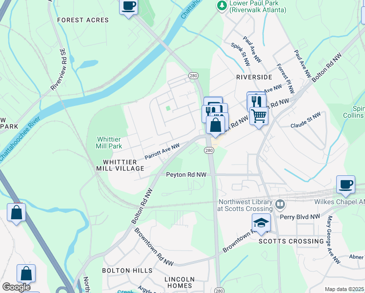 map of restaurants, bars, coffee shops, grocery stores, and more near 1960 Bolton Road Northwest in Atlanta