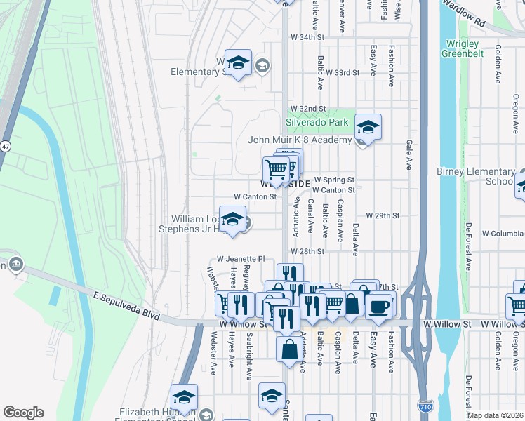map of restaurants, bars, coffee shops, grocery stores, and more near 1815 West 29th Street in Long Beach