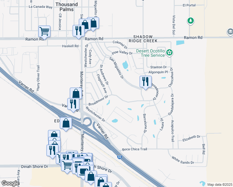 map of restaurants, bars, coffee shops, grocery stores, and more near 73270 Broadmoor Drive in Thousand Palms