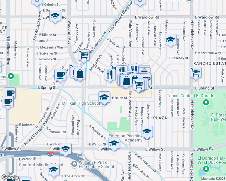 map of restaurants, bars, coffee shops, grocery stores, and more near 6226 East Spring Street in Long Beach