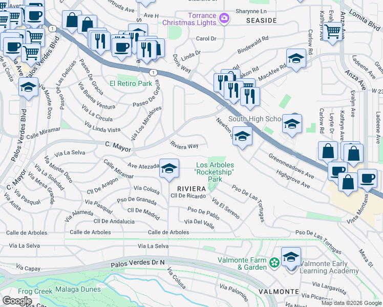 map of restaurants, bars, coffee shops, grocery stores, and more near 439 Vía El Chico in Redondo Beach