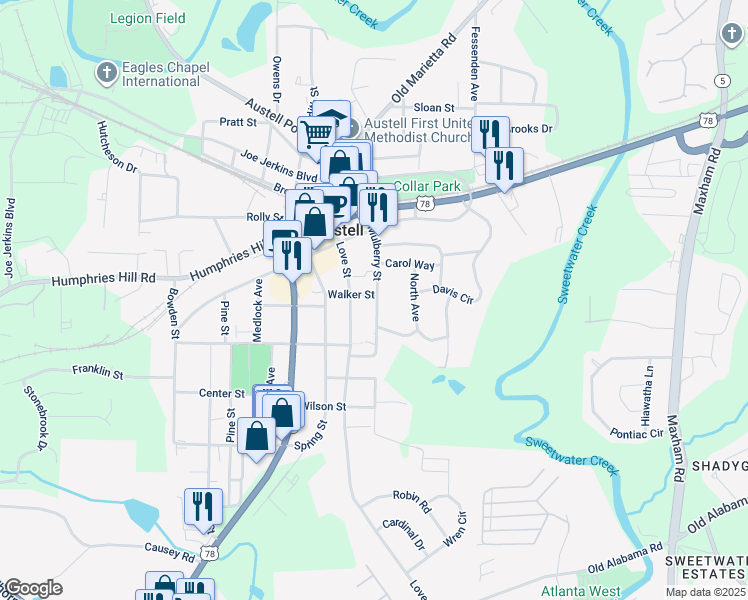 map of restaurants, bars, coffee shops, grocery stores, and more near 2711 Walker Street in Austell