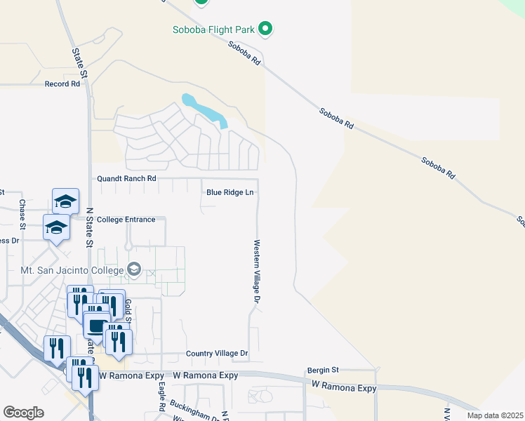 map of restaurants, bars, coffee shops, grocery stores, and more near 1685 Western Village Drive in San Jacinto