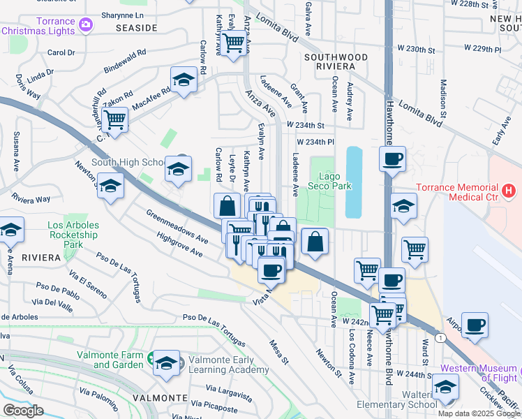map of restaurants, bars, coffee shops, grocery stores, and more near 4226 West 238th Street in Torrance