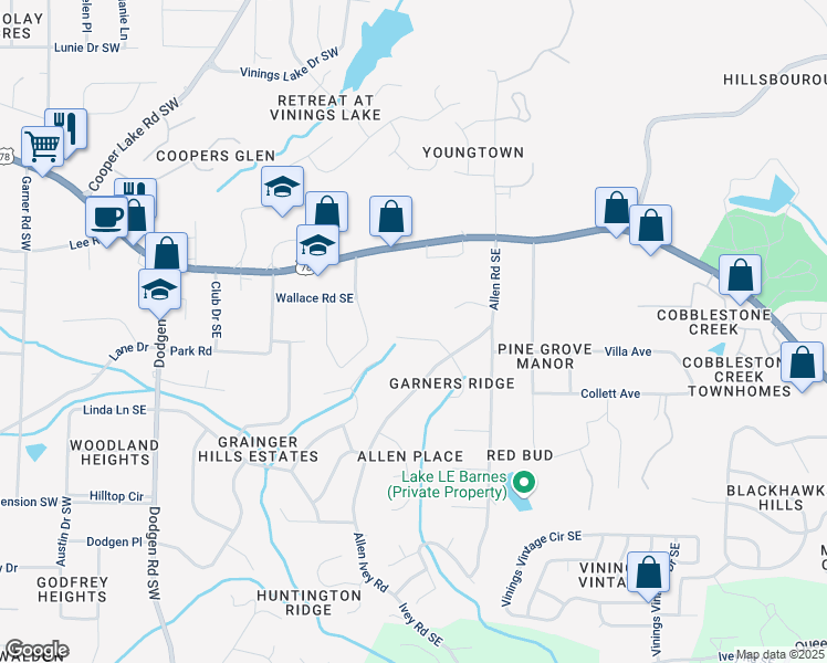 map of restaurants, bars, coffee shops, grocery stores, and more near 201 Edwards Drive Southeast in Mableton