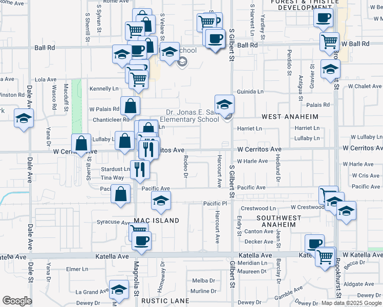 map of restaurants, bars, coffee shops, grocery stores, and more near 9272 Cerritos Avenue in Anaheim