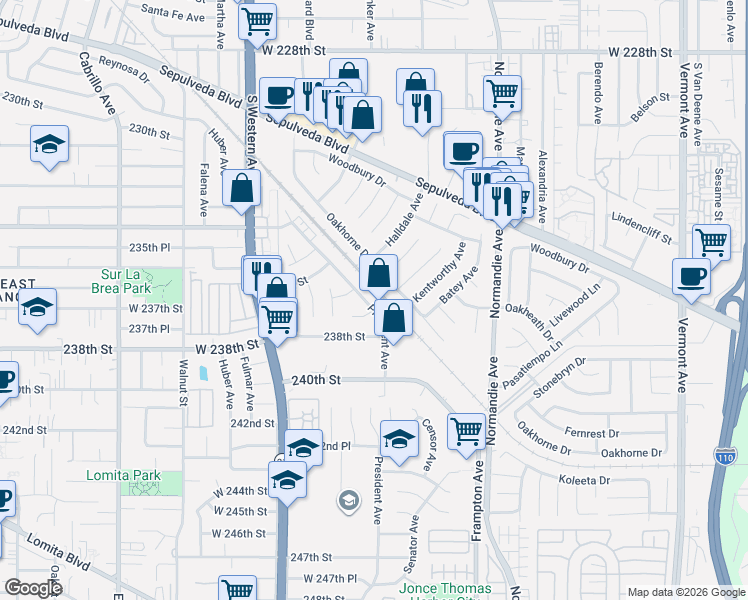 map of restaurants, bars, coffee shops, grocery stores, and more near in Los Angeles County