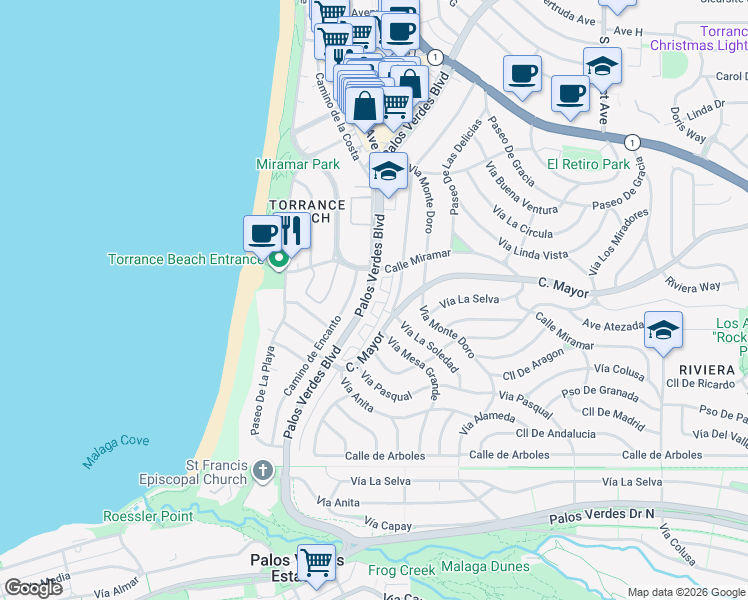 map of restaurants, bars, coffee shops, grocery stores, and more near 424 Camino de Encanto in Redondo Beach