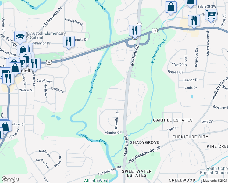 map of restaurants, bars, coffee shops, grocery stores, and more near 2301 Salt Springs Place in Austell