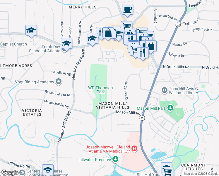 map of restaurants, bars, coffee shops, grocery stores, and more near 1074 Vistavia Circle in Decatur