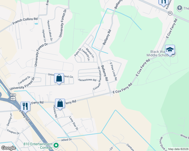 map of restaurants, bars, coffee shops, grocery stores, and more near 979 Chasewood Lane in Conway