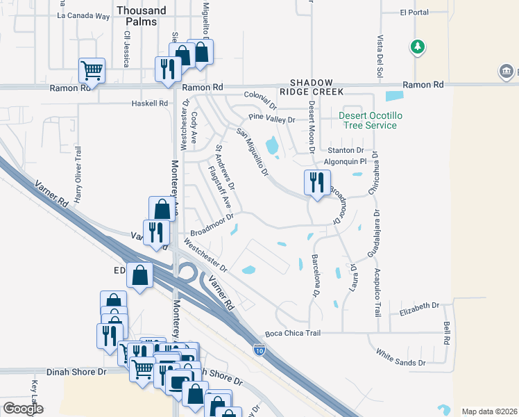 map of restaurants, bars, coffee shops, grocery stores, and more near 73286 Broadmoor Drive in Thousand Palms