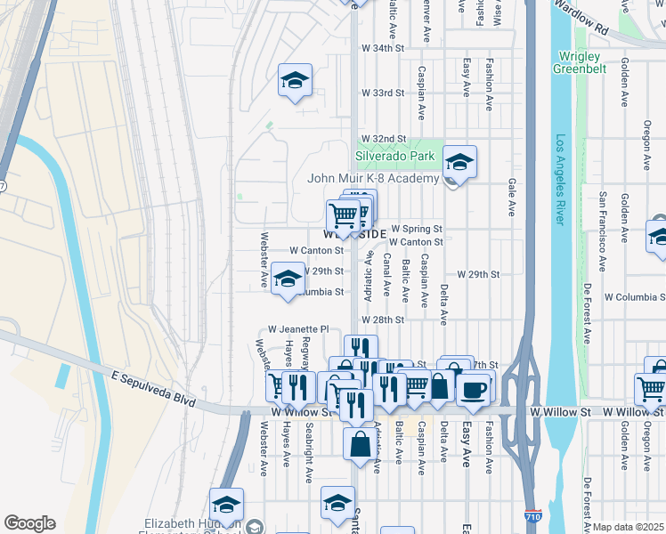 map of restaurants, bars, coffee shops, grocery stores, and more near 1749 West 29th Street in Long Beach
