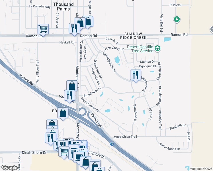 map of restaurants, bars, coffee shops, grocery stores, and more near 73270 Broadmoor Drive in Thousand Palms
